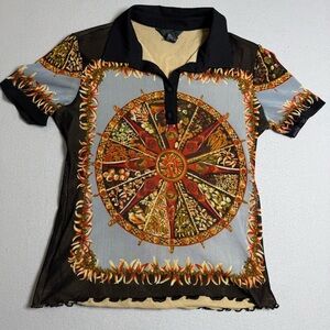 ANAC by Kimi Large L Blouse Retro Swirl Mesh Top Brown Black Y2K Fitted Tee